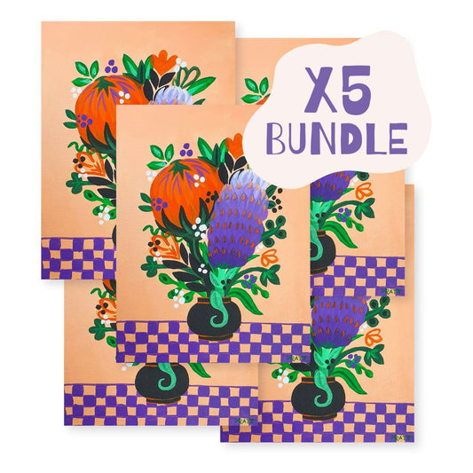Image shows 5 stacked painted canvases completed using the Arty Party Kits 'Aussie Bouquet' acrylic painting kit for beginners. It features a vase full of native Australian plants on a checkerboard tablecloth. The colour palette is peach, orange, green, purple and accents of black and white. In the top right of the image is text reading 'x5 bundle'.