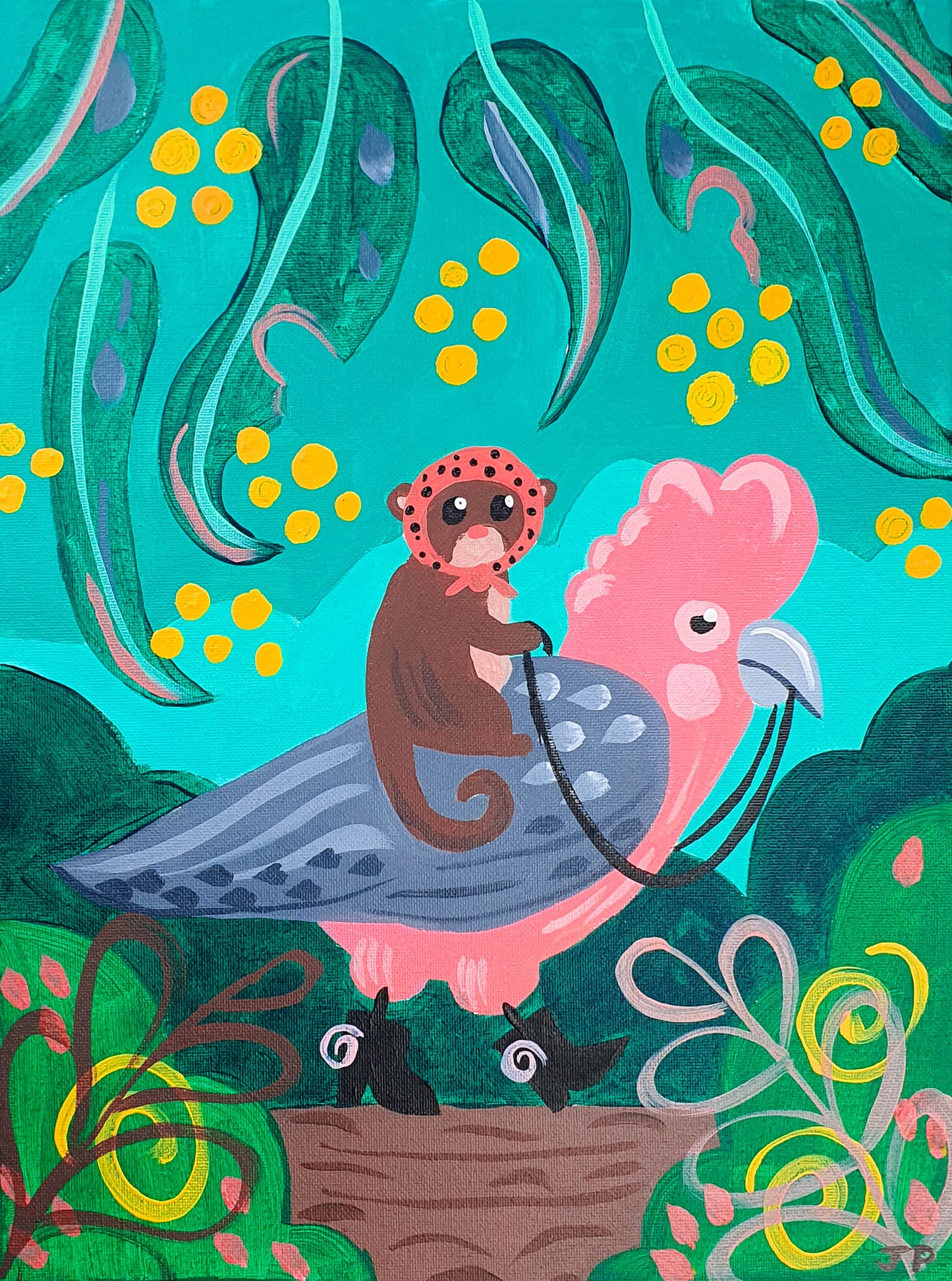 Image shows a painting completed using the Arty Party Kits 'A Lazy Stroll' acrylic painting kit for beginners. It features a cartoon Galah with a tiny Possum riding it's back. They are in the middle of a green forest scene with eucalyptus leaves above them.