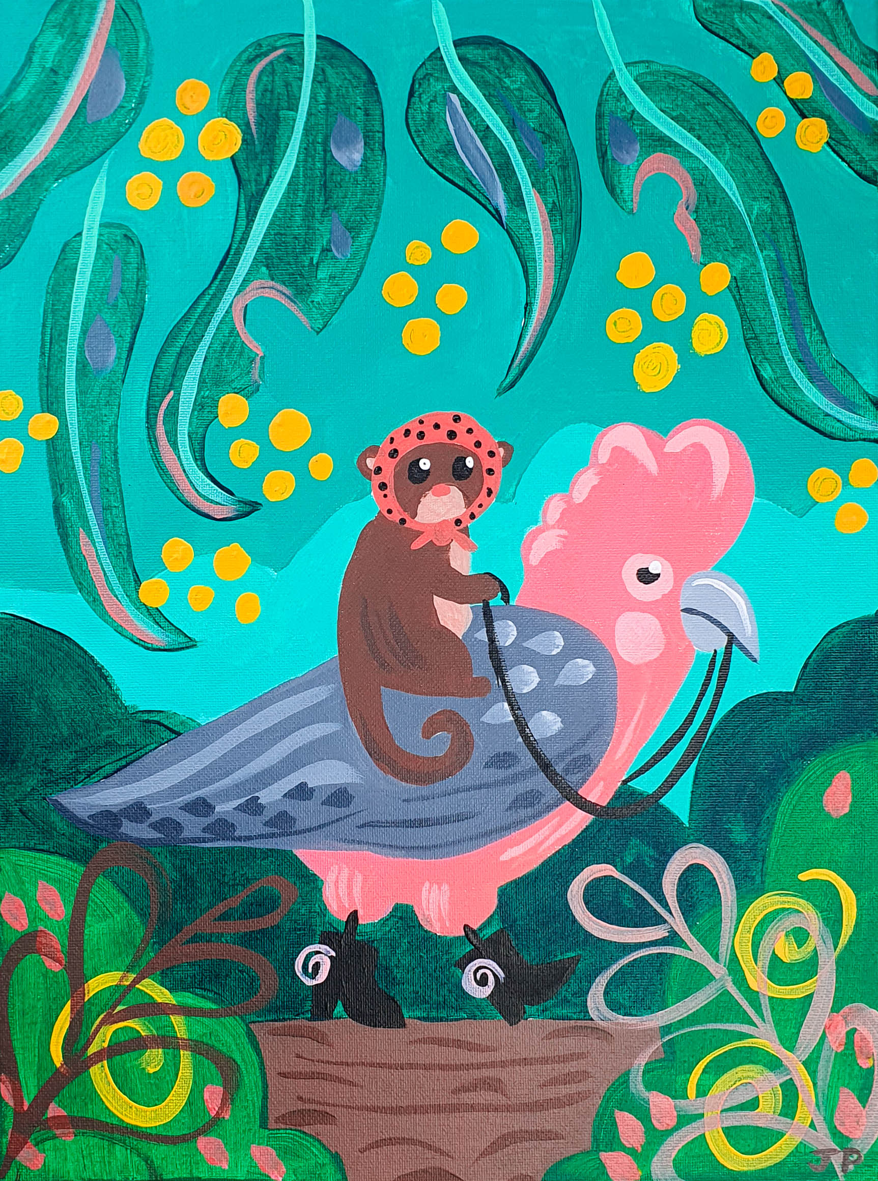 Image shows a painting completed using the Arty Party Kits 'A Lazy Stroll' acrylic painting kit for beginners. It features a cartoon Galah with a tiny Possum riding it's back. They are in the middle of a green forest scene with eucalyptus leaves above them.