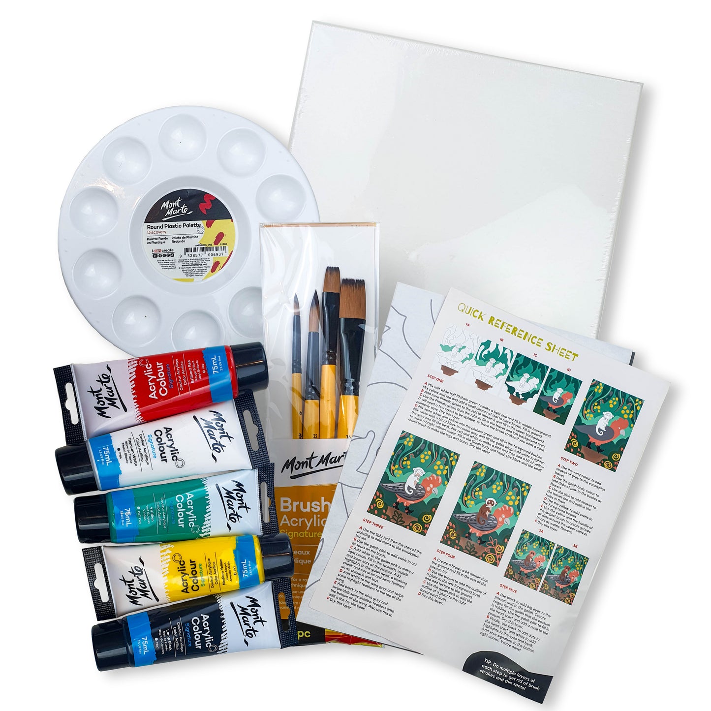 This image shows what is included in the Arty Party Kits acrylic painting kits. In the background is an A3 sized canvas and a quality plastic paint palette. In the foreeground is a premium brush set, 5 large paint tubes in red, white, green, yellow and black. There is also a piece of paper with written, easy to follow stepo-by-step instructions on how to complete a painting.